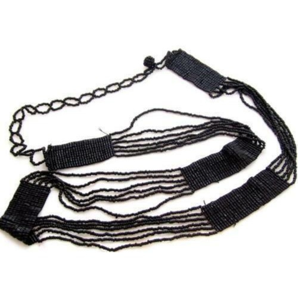 Vintage Antique Black Seed Bead Handcrafted Wide Long 43" Flapper Necklace